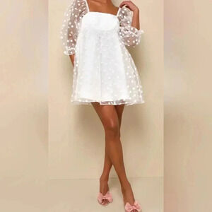 Lulu's Elegant White Mini Dress with Sheer Sleeves